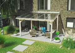 Terrassendach-Bausatz mit 16 mm Stegplatte Breitkammer klar, Zubehör weiß, Rinne PVC-weiß