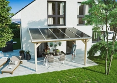 Terrassendach-Bausatz mit 16 mm Stegplatte 3-fach bronze, Zubehör weiß, Rinne ALU weiß